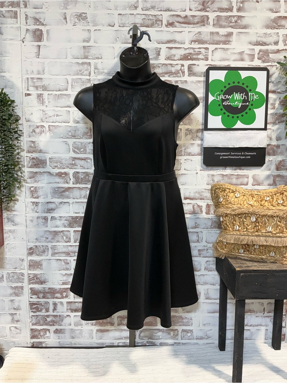 Black Lace Yoke Fit & Flare Dress